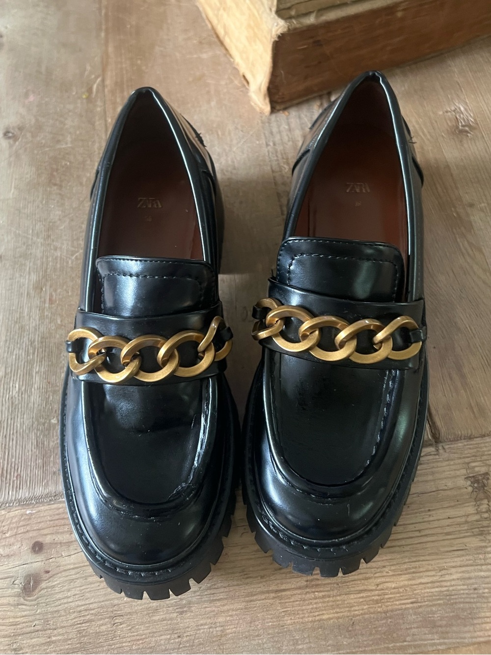 Zara woman’s Black Leather Loafers with Gold Chain